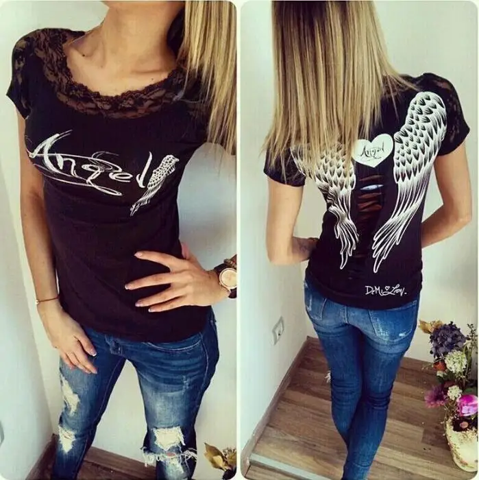 

new Angel Wings Heart Print Lace T-Shirt