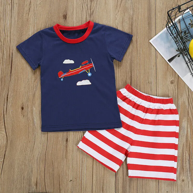 

2019 New Summer Kids Baby Boy Clothes Cotton Clothing Set Short Sleeve Tee T-shirt Tops Striped Shorts Pants Outfit Set 18M-7Y