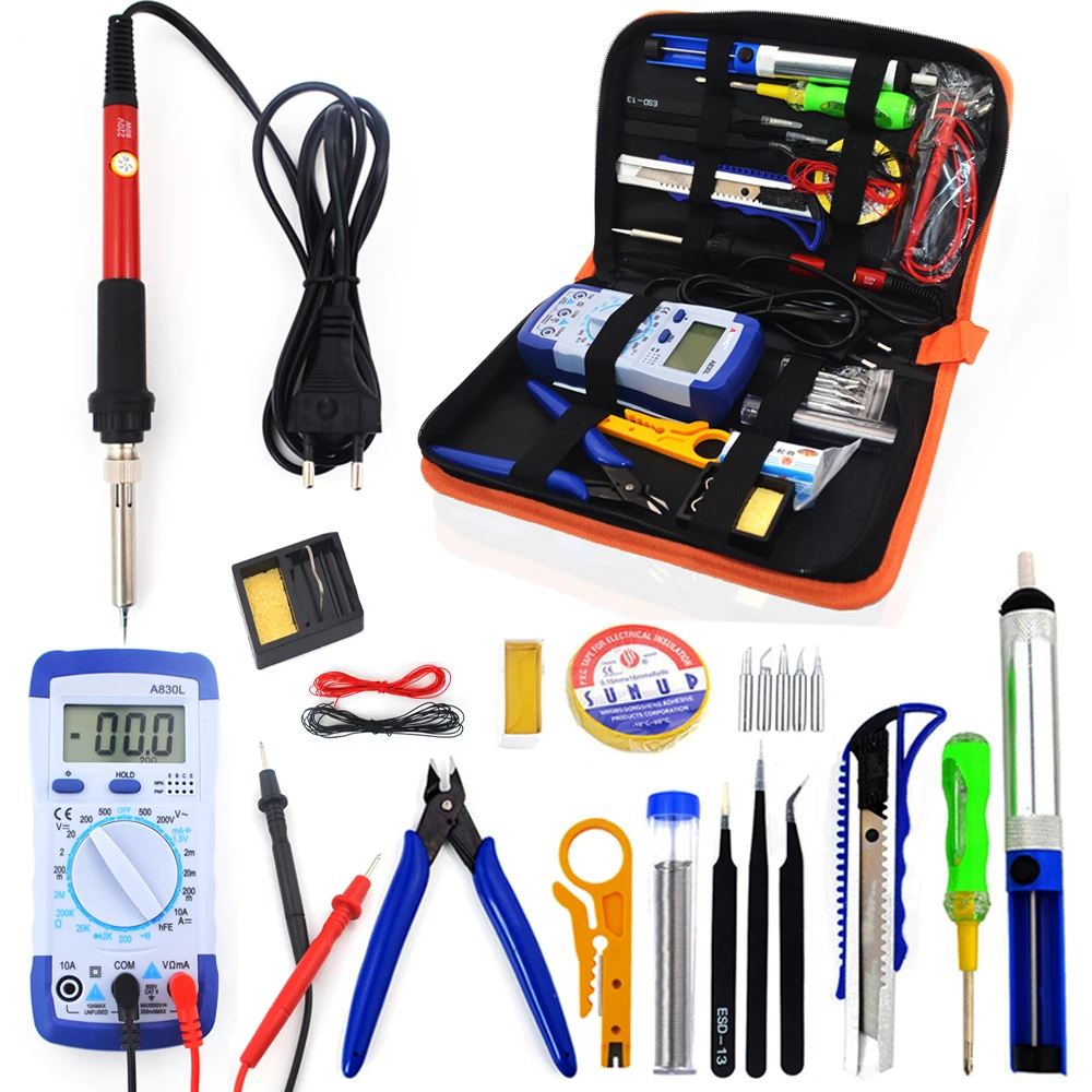 

60W EU plug 220V 110V adjustable temperature Soldering Iron kit With Multimeter Desoldeirng Pump Welding Tool