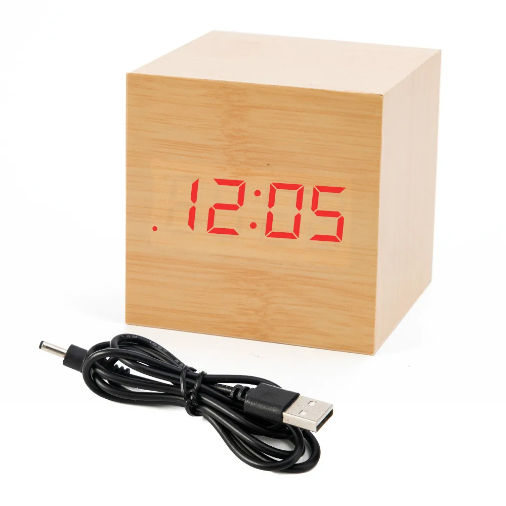 Кубические деревянные часы цифровой светодиодный Настольный будильник термометр управление звуками светодиодный дисплей календарь BestSelling2018Products - Цвет: A-Bamboo wood red