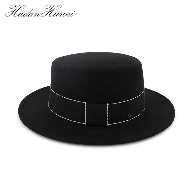 

European US Wide Brim Plain Fedora Hats for Women Men Flat Top Jazz Wool Felt Hat Black Trilby Chapeau with Ribbon Band