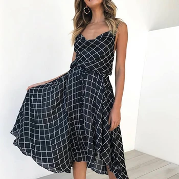 

Women Summer Dress Girls Grid Pattern Sling Open Back Over-knee Dress
