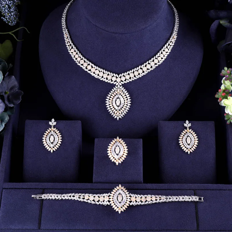 

Accking Big 4pcs Bridal Zirconia Jewelry Sets For Women Party Luxury Dubai Nigeria CZ Crystal Wedding bracelet ring necklace