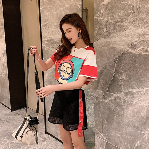 

Women Two Pieces Set Summer 2019 Runway Fashion Novelty Pattern Print Short Sleeve T-Shirt Ribbon Mesh Shorts Matching Sets S178
