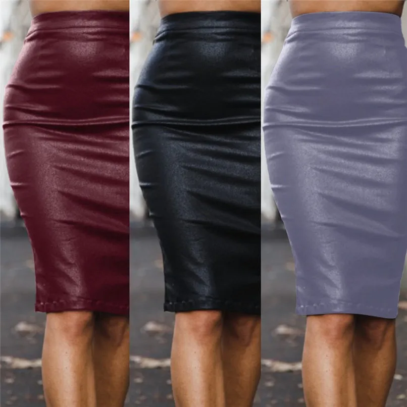 New Fashion Skirt Women White PU Leather Pencil High Waist Uzun Etek Skirt Sexy Zipper Bodycon Skirt Stretch Party Clothe 40NV51