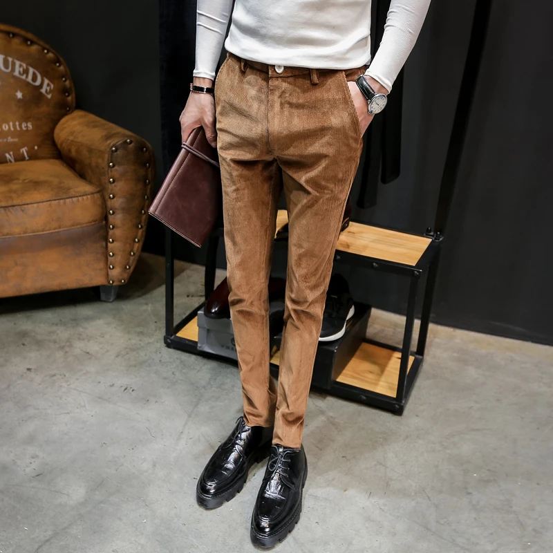 Khaki Corduroy Casual Pants Men Good Stretch Slim Fit Men's Pants 2018