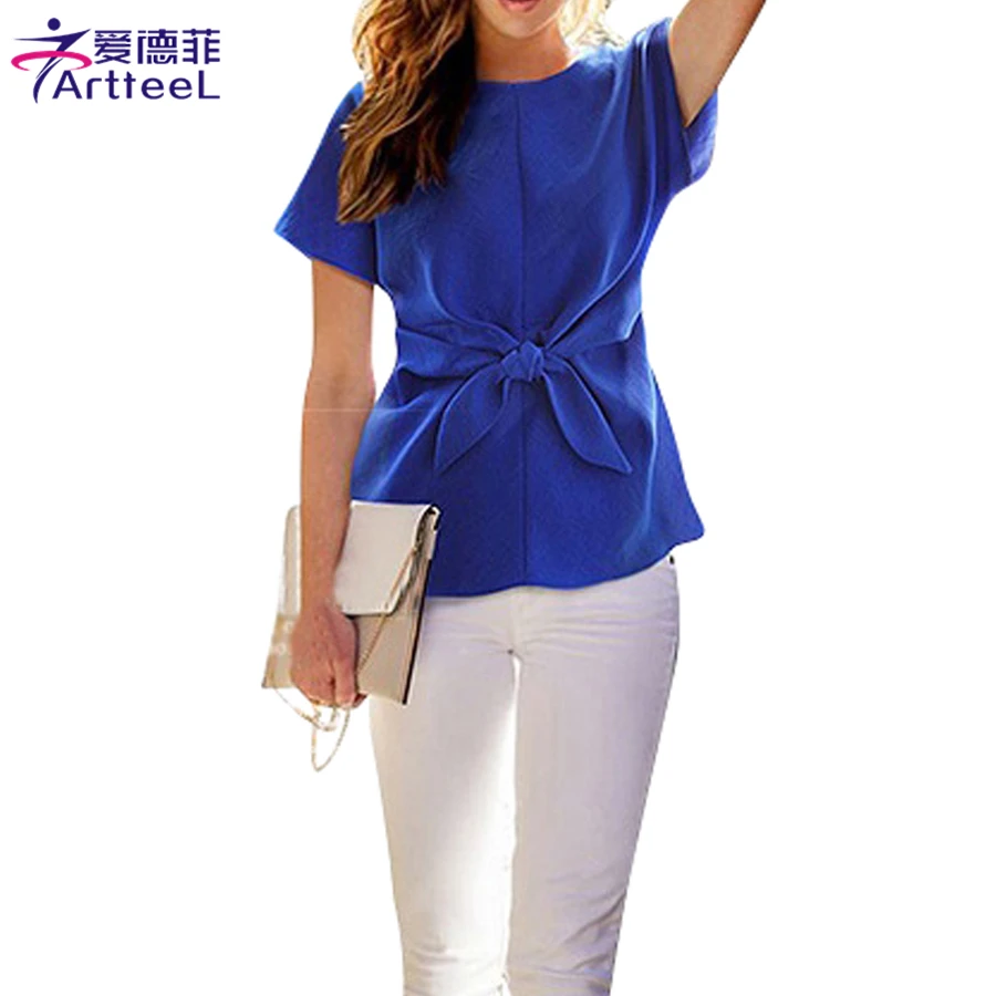 Fashion Women Chiffon Tops Blouses Casual Bowknot OL O-neck Short Sleeve Bottoming Shirts |