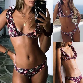 

2019 Fashion Trend swimwearWomen Two-Piece Swimsuit Flower Ruffled Flounce Print Bikini Set Beachwear 20