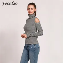 Focal20 Harajuku Весна Женская Полосатая футболка с длинным рукавом Водолазка Открытое плечо полосатая футболка Топ уличная