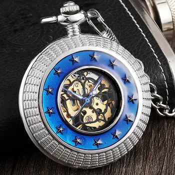 

Silver Steampunk Mechanical Pocket Watch Men Vintage Star Surrounded Blue Ring Hand Fob Watch With Blue Roman Numerals For Women