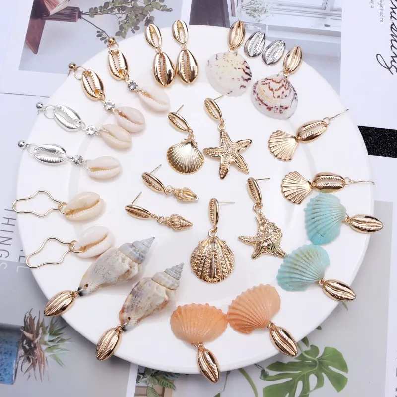 

EK649 Big Shell Drop Earrings For Women Creative Starfish Conch Cowrie Hanging Brincos Statement Earrings Boho Beach Jewelry
