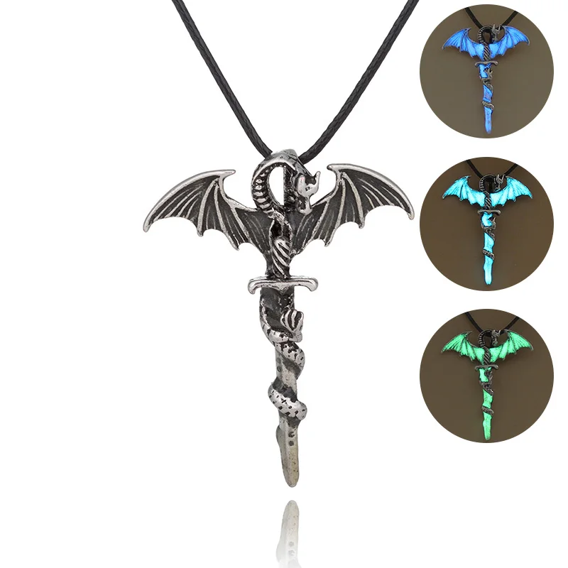 

Retro Dragon Glow in the Dark necklace Rope Chain LOL Ancient Dragon Sword Pendants Mens Punk Dragon Cross Necklace
