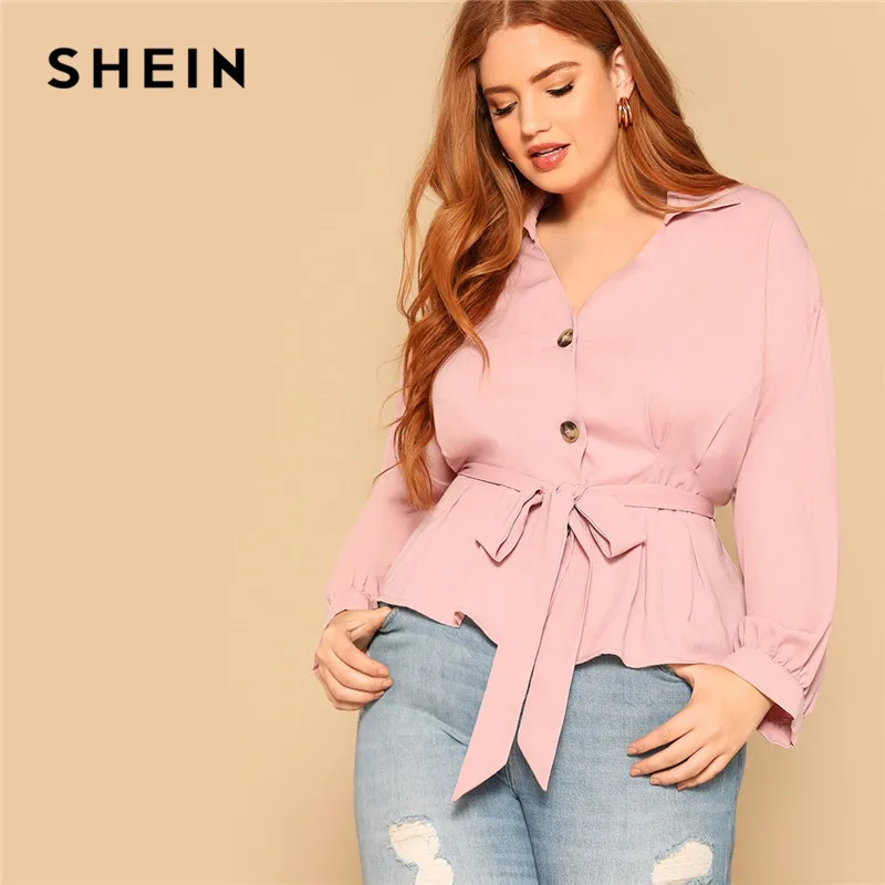 SHEIN, женская блузка размера плюс, розовая, с поясом, на пуговицах, с баской спереди, весенняя, с длинным рукавом, с отложным воротником, одноцветная, элегантная, для девушек, топы