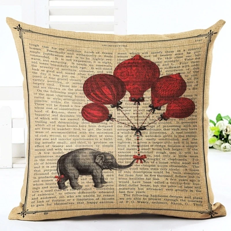 buy British Retro Cotton Linen Pillow Case Vintage Elephant Balloon Pattern Cushion Cover Sofa Square Waist Pillow Cover Home Decor