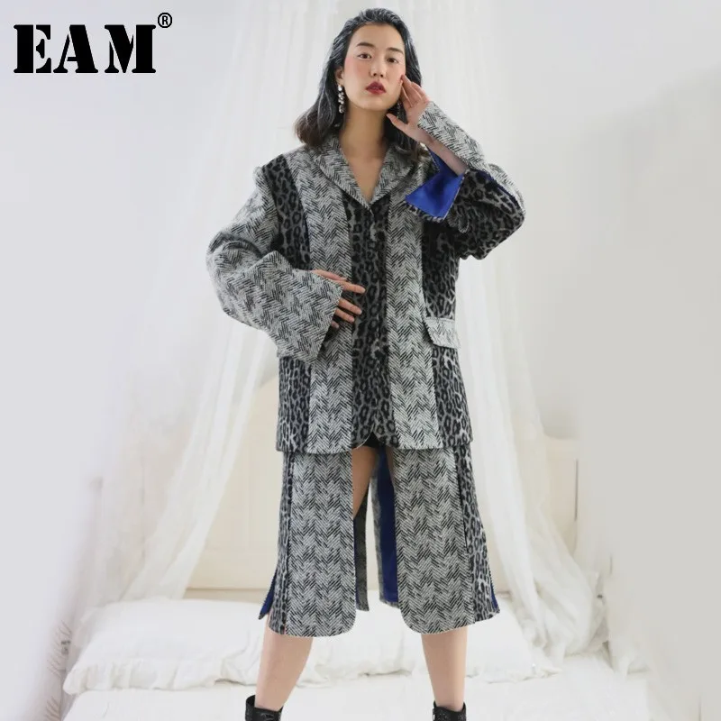 [EAM] New Autumn Winter Lapel Long Sleeve Leopard Printed Irregular Hem Stitch Loose Woolen Coat Women Parkas Fashion JL577