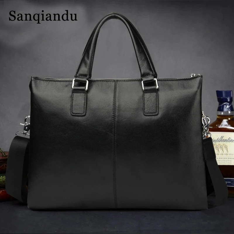 Sanqiandu بسيطة الأعمال الرجال حقيبة حقيبة جلد طبيعي حقيبة لابتوب عارضة الرجل حقيبة حقائب كتف مكافحة theif قفل حقيبة يد الذكور