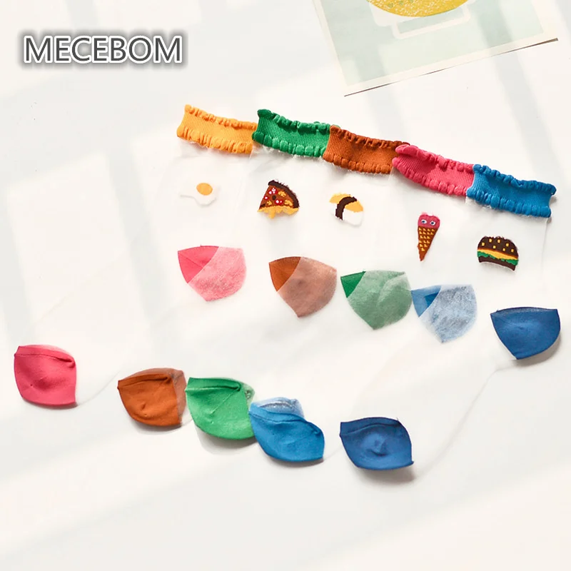 

2018 Japanese Summer Female Cute Short Sock Women's Sock Thin Candy Colors Transparent Patchwork Silk Sock Food pattern 1940c
