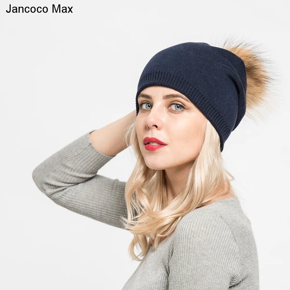 Jancoco Max 2019 зимние женские шапки с помпоном из натурального меха енота высокого