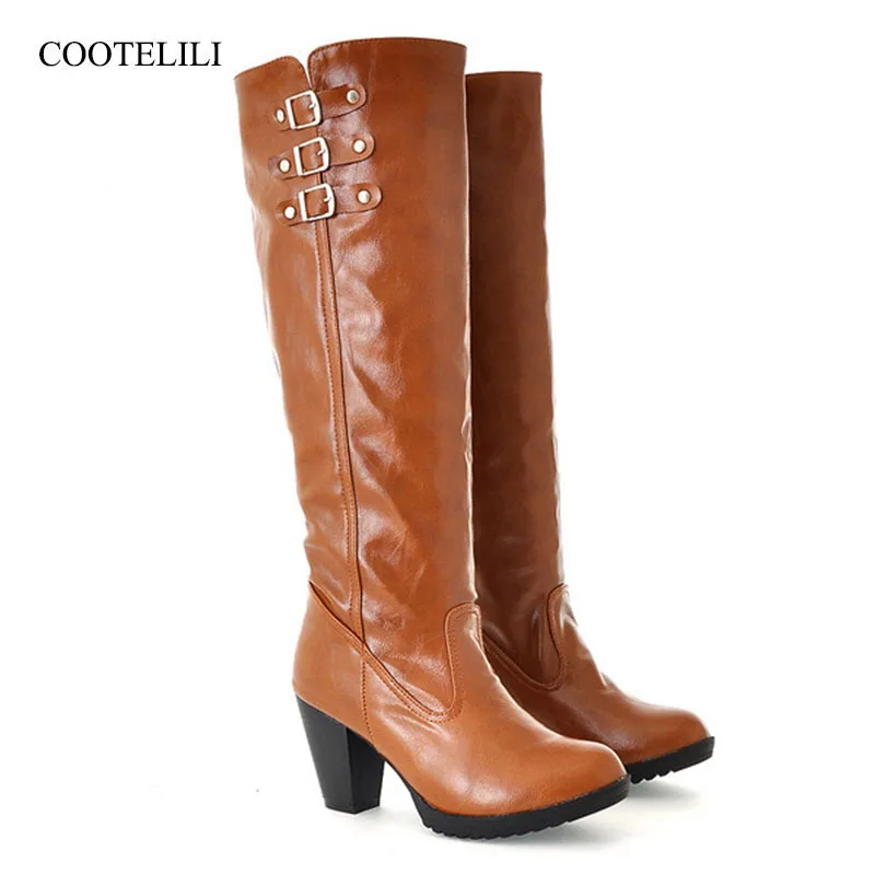 

COOTELILI Plus Size Knee High Boots Autumn Winter PU Leather Shoes Women Rivet High Heels Boots Wedges Pumps White Black 34-43
