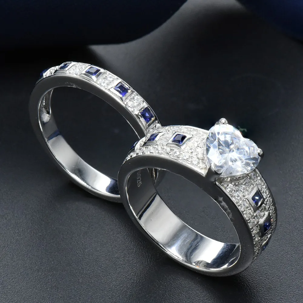 Hutang Винтаж 3.51ct синий сапфир пара свадебные кольца 925 пробы 100% серебро Forever Love романтические влюбленные палец кольца
