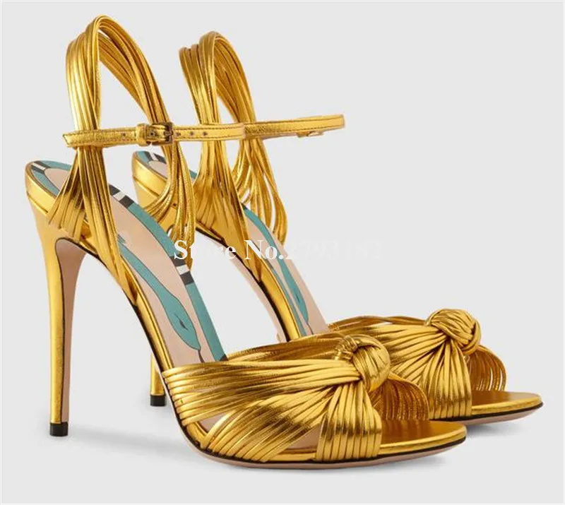 

Summer New Fashion Women Open Toe Knotted Bow Stiletto Heel Sandals Gold Green Pink Straps High Heel Sandals Dress Heels Shoes