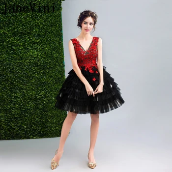 

JaneVini Gothic Style Black Short Mother of the Bride Dresses Ball Gown Sexy V Neck Lace Applique Beads Vestido Madre Novia 2018