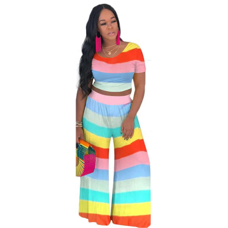 

2019 new women summer Rainbow Striped Print O-Neck top & long pants suit two piece set sporty tracksuit outfit GLM6197