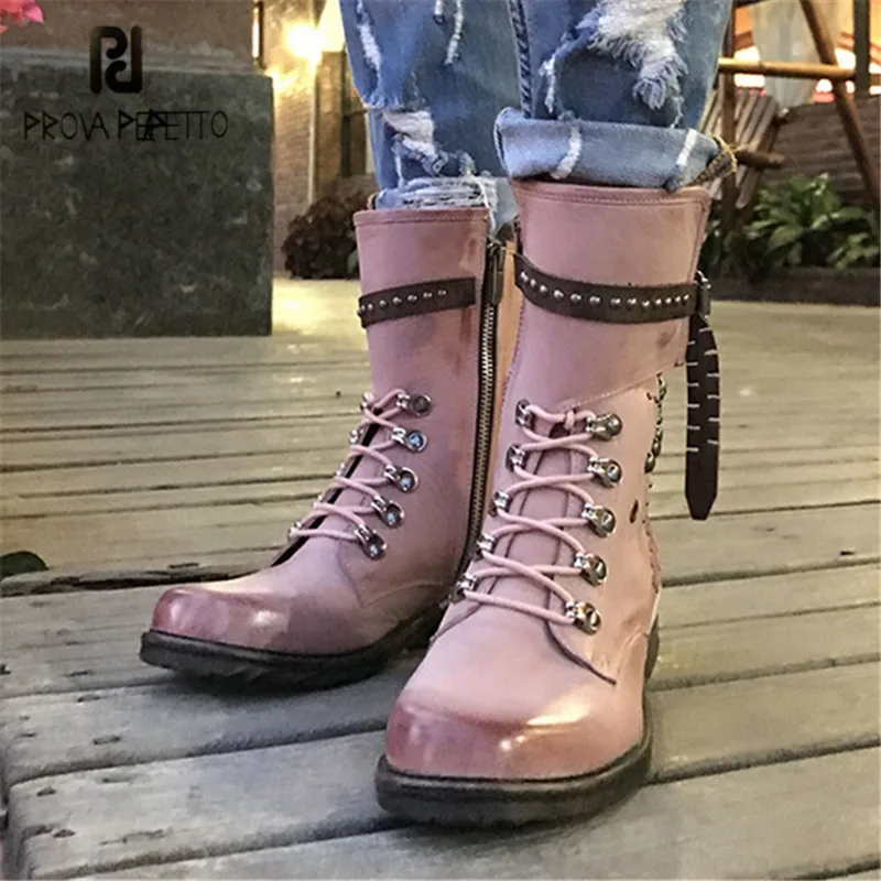 

Prova Perfetto Cute Pink Ankle Boots for Women Rivets Studded Soft Leather High Boot Autumn Winter Female Platform Rubber Shoes