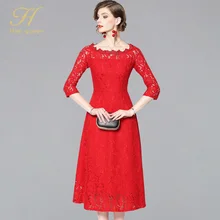 H Хан queen Весна кружево платье для женщин сексуальная выдалбливают с длинным рукавом Винтаж элегантные вечерние красные, черные платья