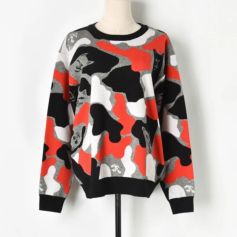 

High Street Women's Sweaters Jacquard Cats Patchwork Knitted Jumpers 2019 Autumn Winter Female Loose Basic Tops Casual Pullovers