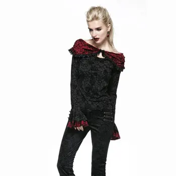 

New Style Punk Gothic Roses Flocking T-Shirt With Cape Design Steampunk Flare Sleeves Sexy Off Shoulder Tee Shirt Tops
