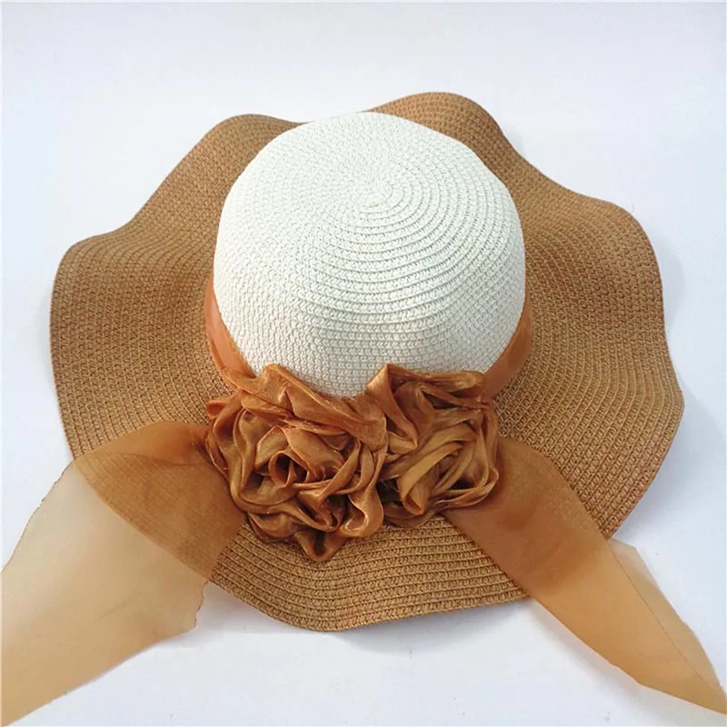 Fashion Straw Hat Flower Ribbon Summer Beach Wide Brim Fisherman Sunscreen Folding Hand Made Casual Wave Girls Hats CP0238 (4)