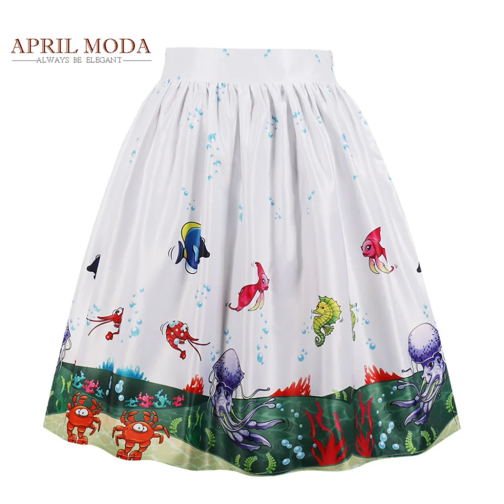 Women Fashion Fish Print Midi Skirts Jellyfish Retro Vintage Pleated Rockabilly Swing Skirt High Waist Casual A Line Skater Saia Skirts