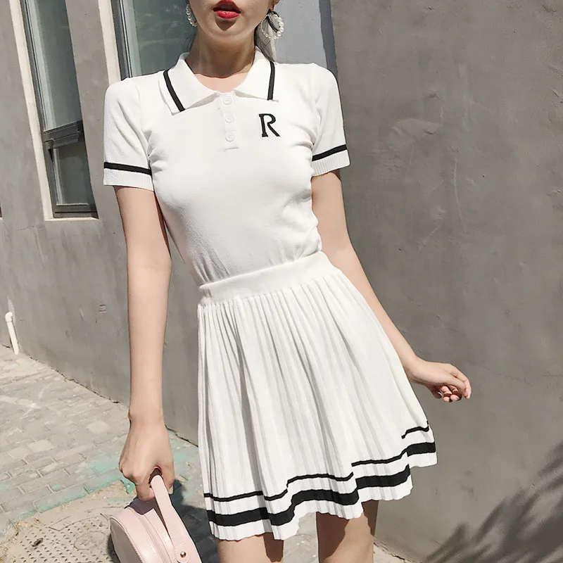 

Summer Preppy Style Retro Knitted Tennis Embroidery Strip Shirt & A-line Mini Pleated Skirt Suit Set Girls Sweet 2pcs Set
