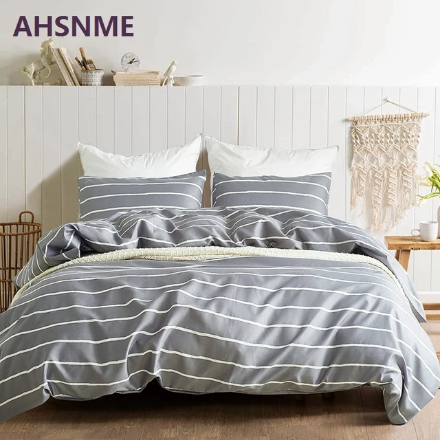 AHSNME Simple White Striped Grey Bedding Set American Size Suitable for