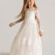Милые белые/цвета слоновой кости кружевные свадебные платья с длинными рукавами и глубоким вырезом для первого причастия, Платья с цветочным узором для девочек на свадьбу