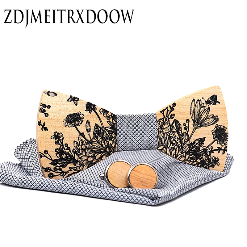 

ZDJMEITRXDOOW Mens Bowtie Hanky Tie Sets Wooden Floral Printing bow tie and Handkerchief Sets Wedding Pocket Square Cufflinks