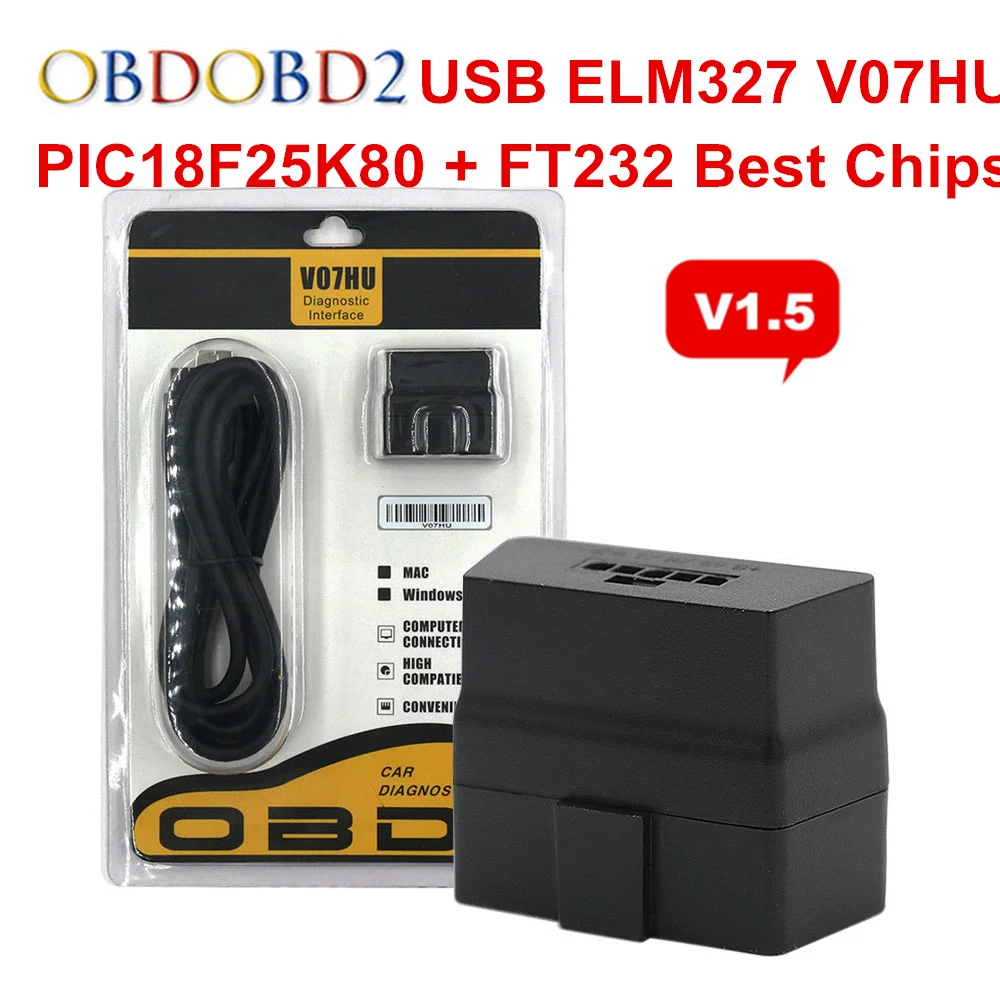 Новый V07HU USB ELM327 PIC18F25K80 + FT232RL OBD2 диагностический сканер V07HU ELM 327 V1.5 USB RS232 порт для OBDII протоколов автомобилей
