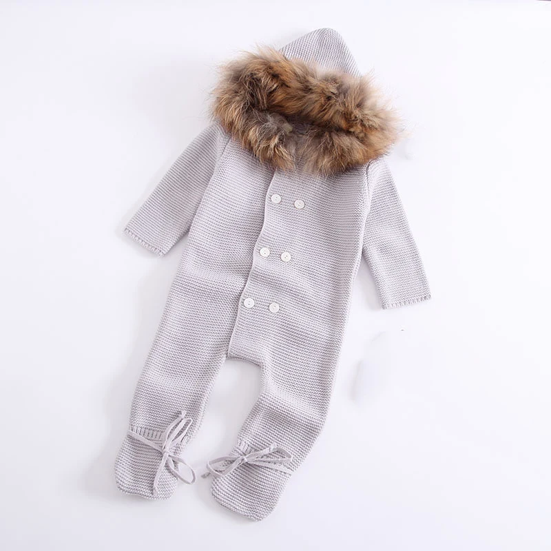 Infant Baby Rompers Winter Clothes Newborn Baby Boy Girl Knitted Sweater Jumpsuit raccoon Fur Hooded Kid Toddler Outerwear