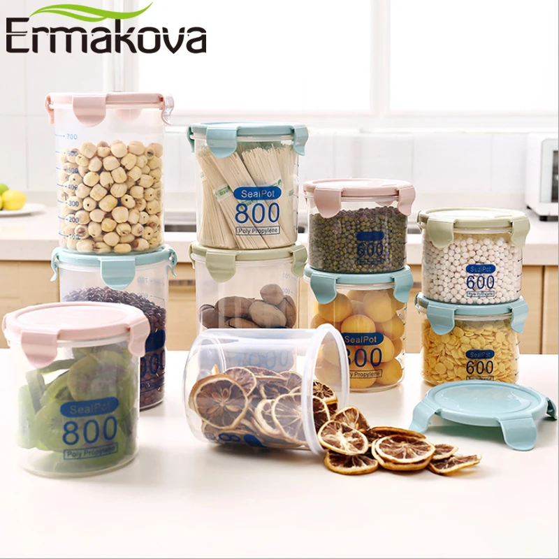 ERMAKOVA محكم الغذاء تخزين الحاويات PP المطبخ الحاويات الجافة وعاء لحفظ الطعام مع مقياس الغذاء صندوق تخزين مع قفل سهل الاستخدام