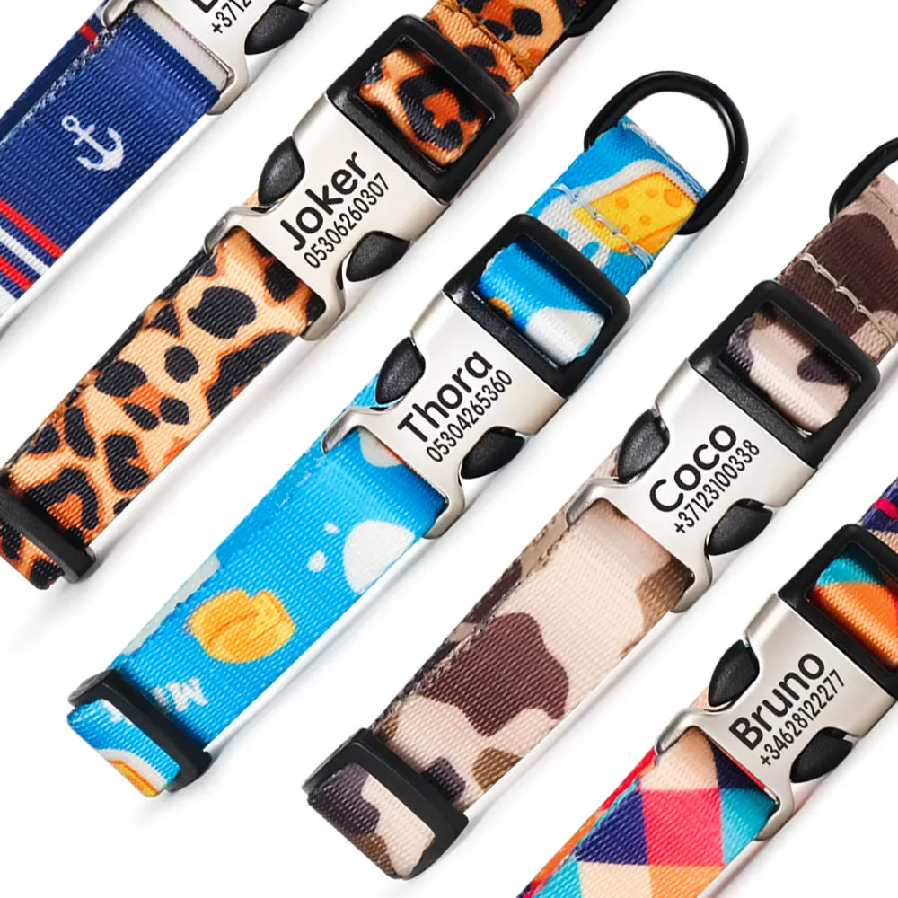 

Fashion Nylon Print Personalized Engraved Name Dog Collar Leash Custom Puppy Pet Collars ID Tag for Small Medium Large Big Dogs