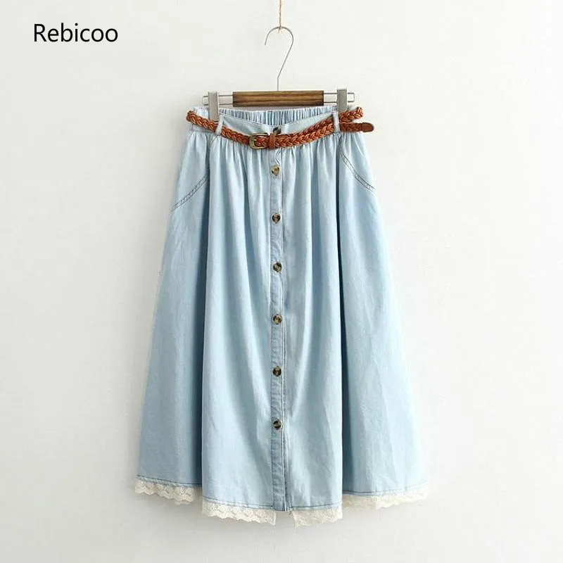 

Women Denim Skirt Lace Patchwork Mid -Calf Japanese Style Single Breasted Pleated Long Jeans Skirts With Belt Mujer Falda Saia