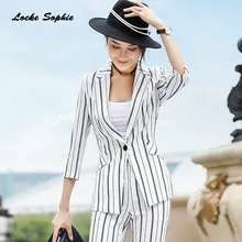 1pcs Women's Plus size Blazers coats 2019Summer cotton blend stripe Middle sleeve Small Suits jackets ladies Skinny Blazers Suit