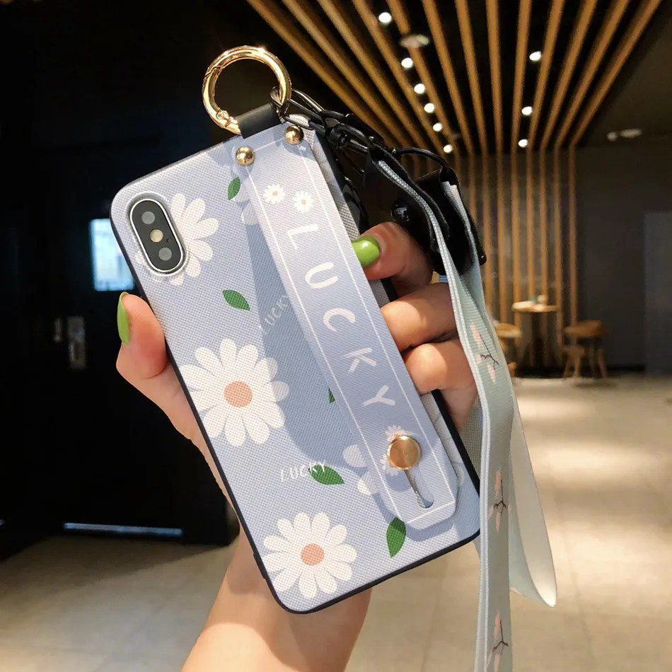 

For iPhone XR XS Max X Case Fashion Flower Lanyard Stand Phone Case For iPhone 7 8 Plus 6s Plus Cute Cartoon Dinosaur Soft TPU