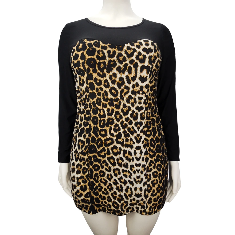 Women Plus Size Shift Dress Leopard Colorblock Big Size Woman Dress Spring Summer Tunic Slim Party Dress 5XL 6XL 7XL H102