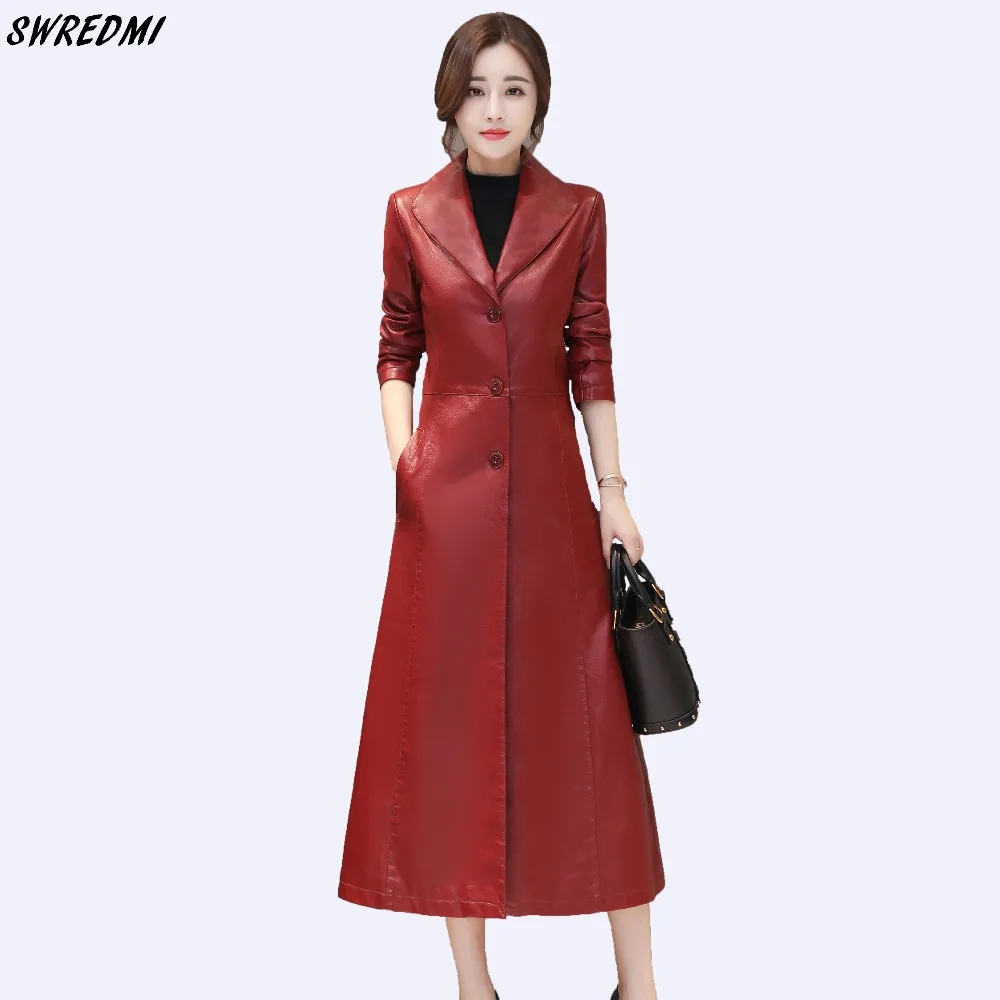 

SWREDMI Women Long Leather Coat Office Lady Leather Clothing Outwear Jaqueta Feminina Slim Fashion Turn -down Collar Suede