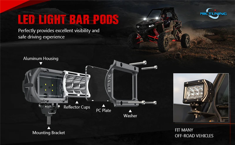 MICTUNING 4'' 18W 24W Pods LED Work Light Bar with Ambient Light Spot Flood Combo Off Road Car Driving Fog Lamp for Jeep SUV ATV