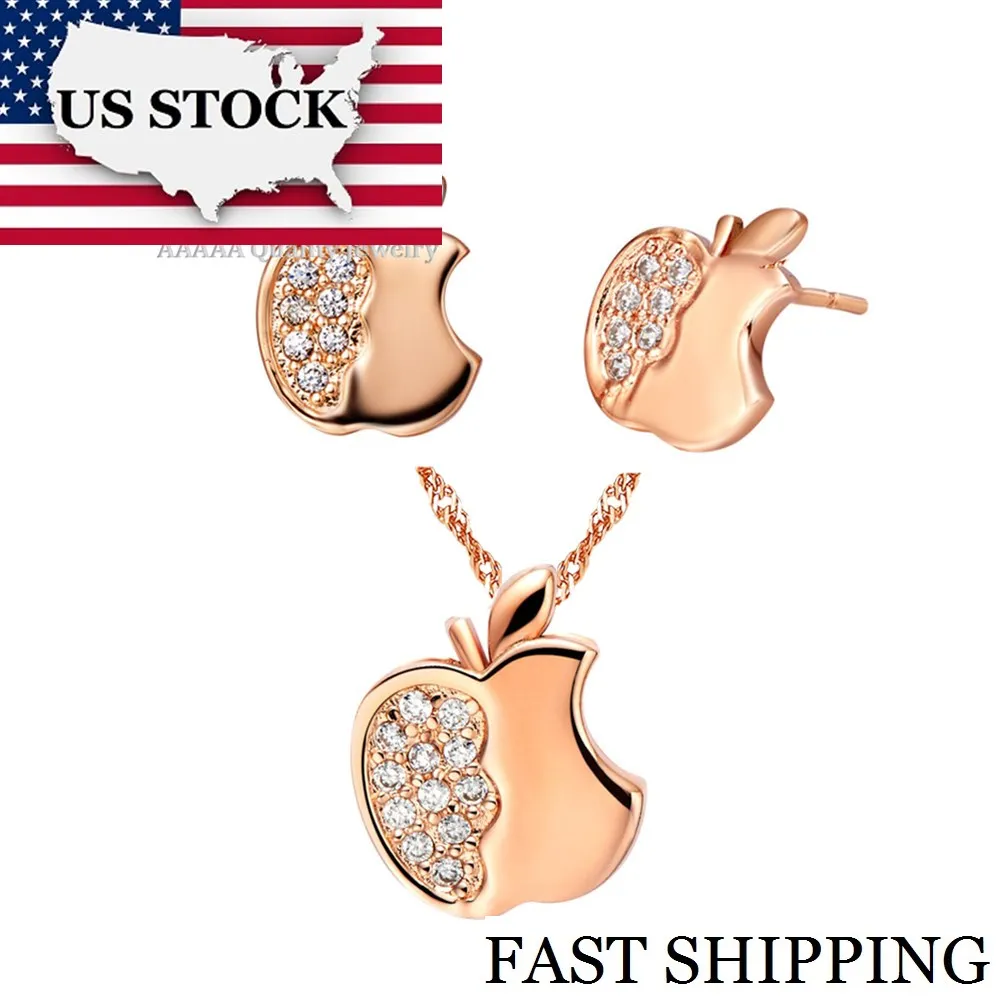 USA STOCK Uloveido Apple Jewelry Set Rose Gold Color Necklace Crystal