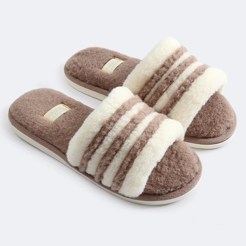 

Women House Slippers Fashion Striped PVC Plush Warm Winter Slippers Woman Plus Size 43-44 Soft Fur Slippers Female