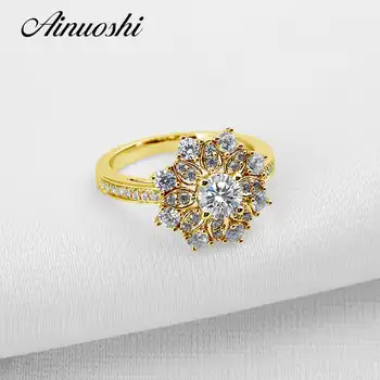 AINUOSHI Luxury Sunflower Gold Ring Real 14K Solid Gold Lotus Flower Ring Round SONA Simulated Diamond Wedding Engagement Rings - SALE ITEM - Category 🛒 Jewelry & Accessories